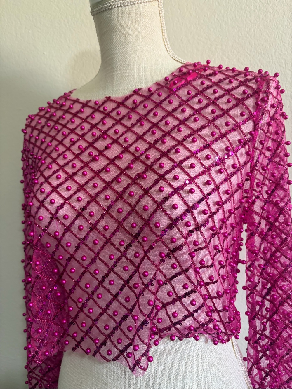 Sheer Fuchsia Beaded Long-Sleeve Women’s Top